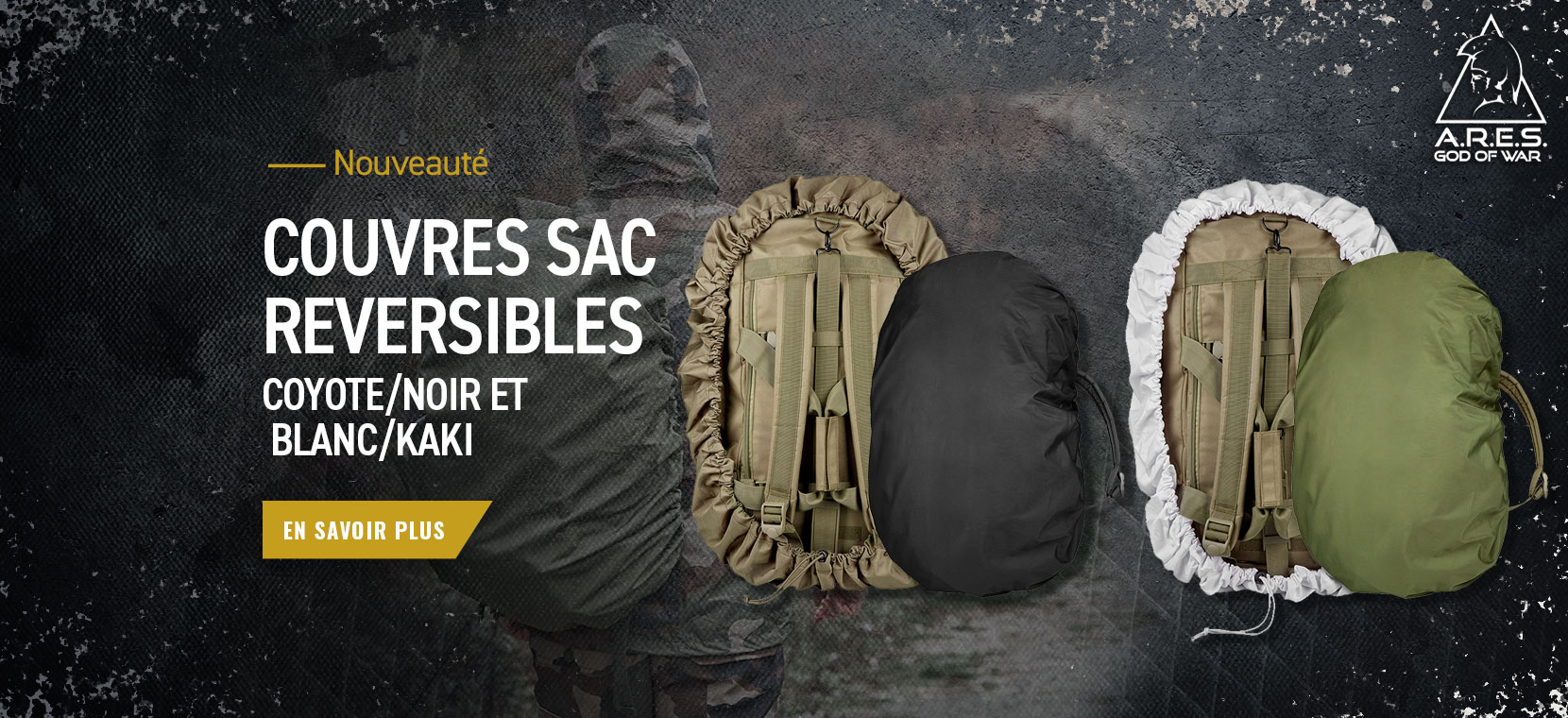 Couvre sac à dos reversible kaki et blanc et  couvre sac noir et coyote